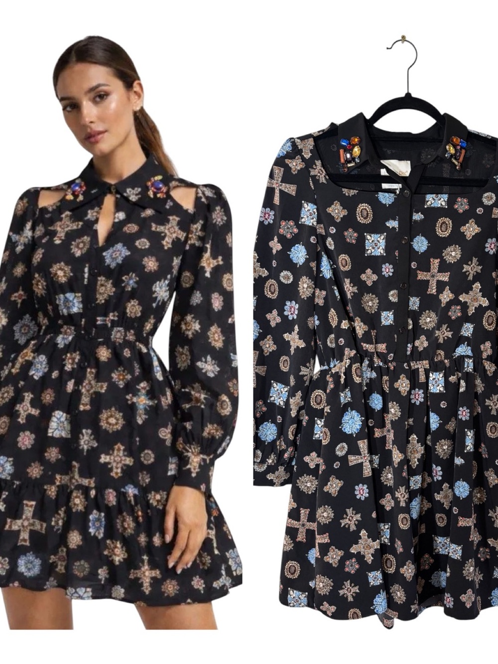 NWT Line & Dot Black Jewel Print Rhinestone Collar Long Sleeve Mini Dress Small - Picture 1 of 14